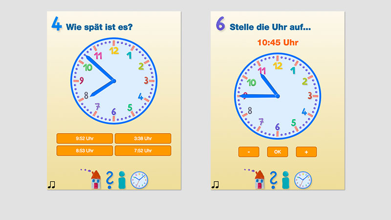 Wie spät ist es? Uhrzeit lernen, Lernspiel für Kinder, Android App, Planet Bildung