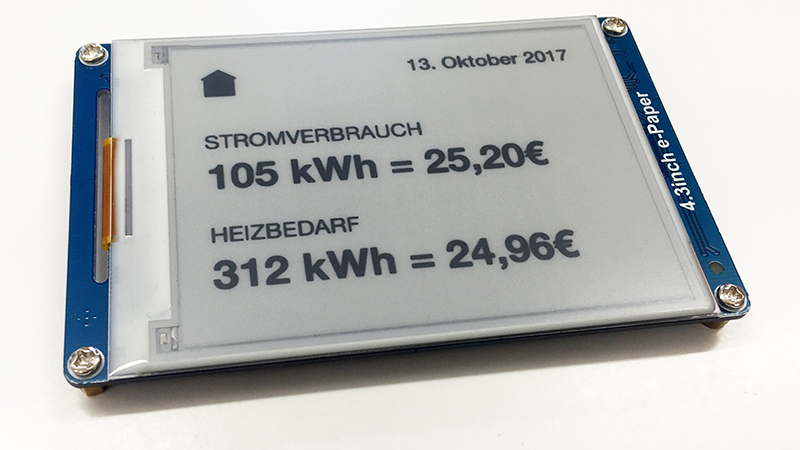 4,3inch ePaper Display mit Anzeige von Stromverbrauch und Heizbedarf