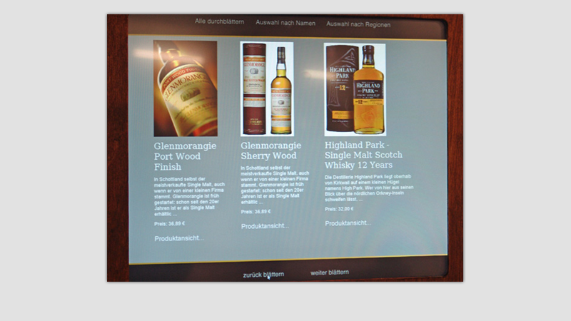 GUI Kiosksystem mit Wein- und Whiskey-Angebot