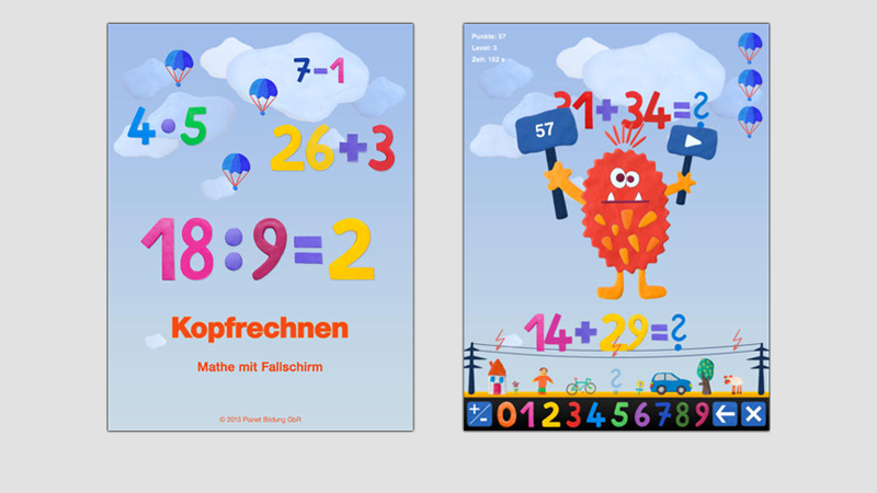iPad App, Lernspiel für Kinder, Kopfrechnen - Mathe mit Fallschirm