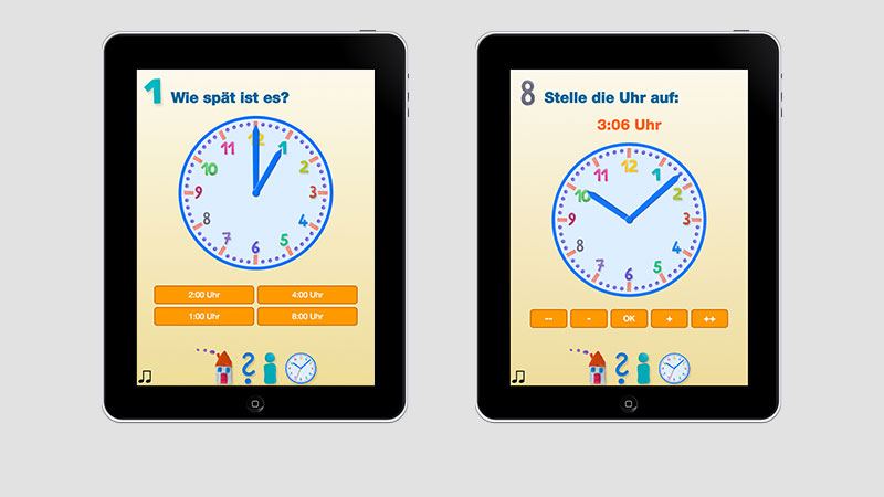Wie spät ist es? Uhrzeit lernen, Lernspiel für Kinder, iPhone iPad App, Planet Bildung